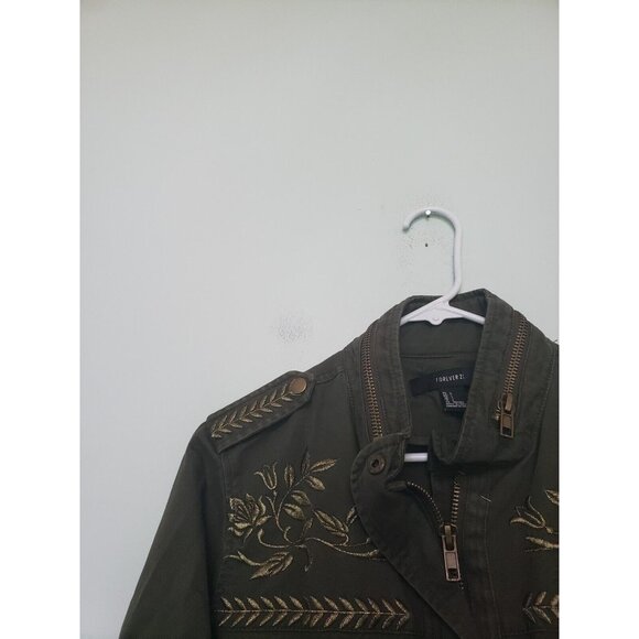 Forever 21 Womens L Jacket Green Full Zip Metallic Embroidery Military Style - Picture 4 of 6